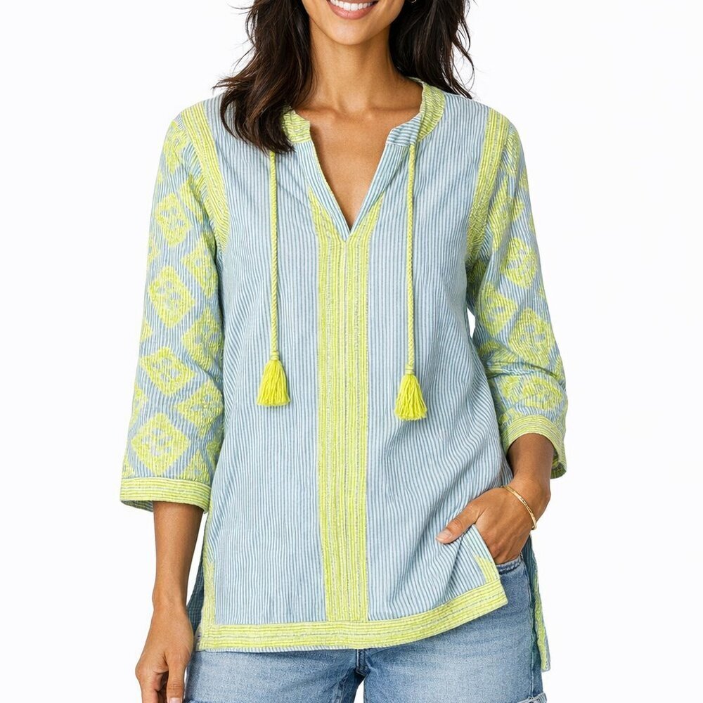 Gretchen Scott Blue and Green Embroidered‎ Tunic - Size M